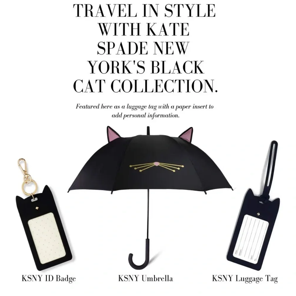 New Kate Spade Black Cat Luggage Tag with Pink Nose